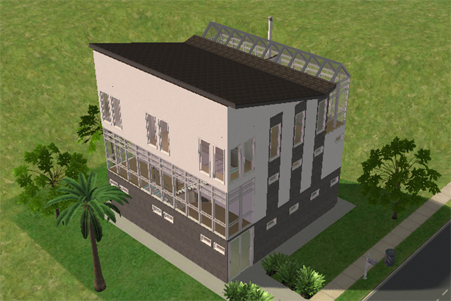 Exterior view of Executive 4, a modern three-story home with dark lower walls, pale upper walls, glass-enclosed front sections, rooftop glass framing, palm trees, and minimal landscaping.