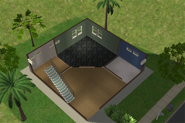 Cutaway first floor view of Executive 4 showing a central staircase, large open living space, black-tiled rear section, separate blue-tiled room, and unfurnished modern interior layout.
