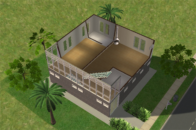Cutaway second floor view of Executive 4 featuring two large unfurnished rooms, central stair landing, freestanding fireplace, glass-enclosed wraparound front section, and modern window placement.
