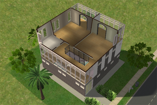 Cutaway third floor view of Executive 4 showing two large upper rooms, central stair landing, small tiled room, surrounding rooftop terrace space, and glass railing sections.