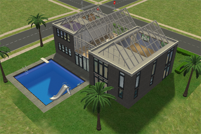 Rear exterior view of Executive 5 showing the glass-roofed structure, large backyard swimming pool with slide and diving board, tall windows, patio doors, and palm landscaping.