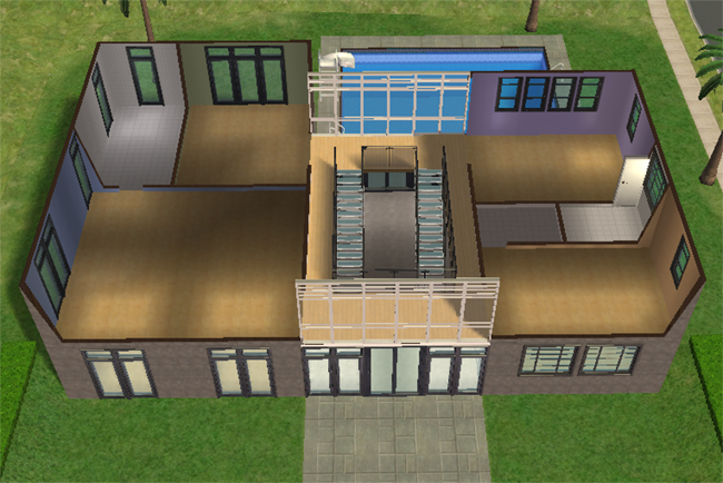 Cutaway second floor view of Executive 5 showing upper-level bedrooms and bathrooms, central stair landing, glass roof framing, large windows, and views toward the backyard pool.