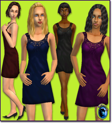 A short dark colored dresses with a lacey scoop neck trim.