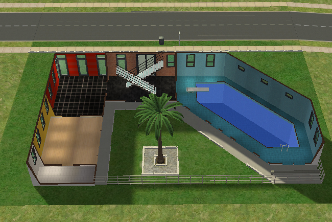 Cutaway upper floor view of the Lone Palm house featuring elevated walkways, open modern living spaces, central staircase access, and expansive courtyard-facing windows.