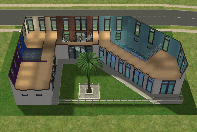 Cutaway lower floor view of the Lone Palm house showing a massive indoor pool area, angular modern room layouts, central staircase access, and open courtyard connections.