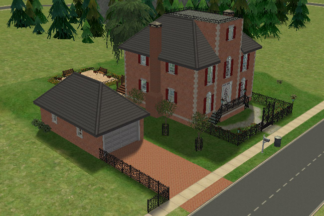 An angled exterior view shows the brick house, detached garage, fenced yard, driveway, front entry, and trees around the lot.