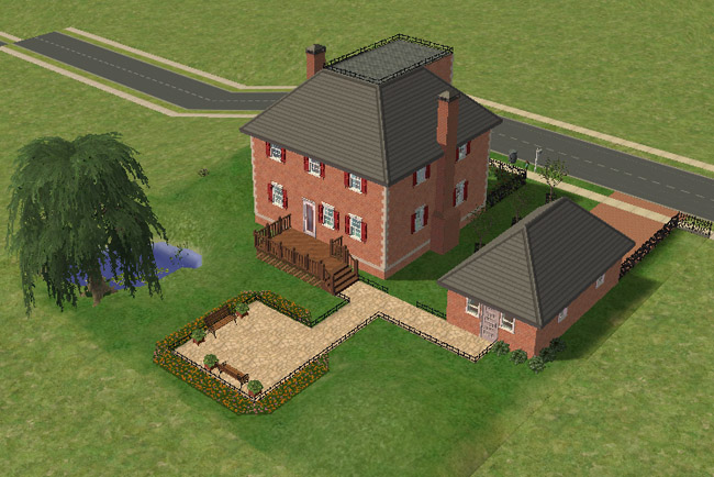 A rear view shows the brick house with a back deck, detached garage, fenced garden paths, benches, flower beds, and a small pond nearby.
