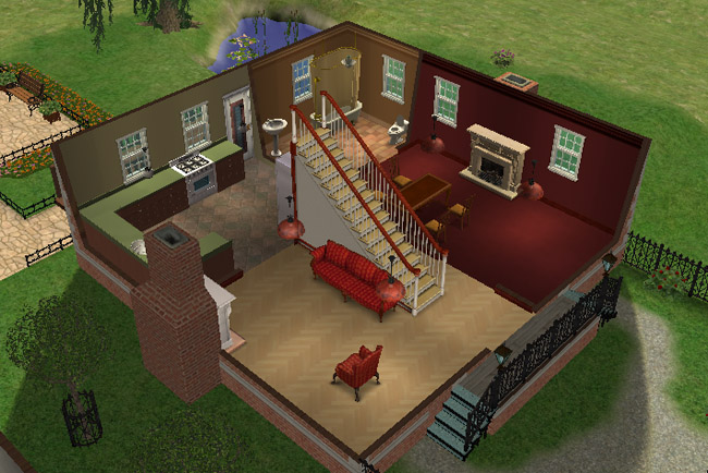 A cutaway view shows a furnished interior with a kitchen, dining room, living room, fireplace, central staircase, and front entry.