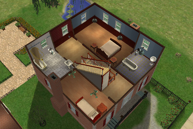A cutaway view shows furnished bedrooms, bathrooms, stair access, wood flooring, and a nearby pond visible outside.