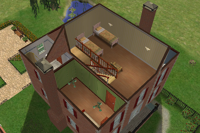 A cutaway view shows upper rooms with two beds, stair railing, wood flooring, striped walls, and open space beneath the roofline.