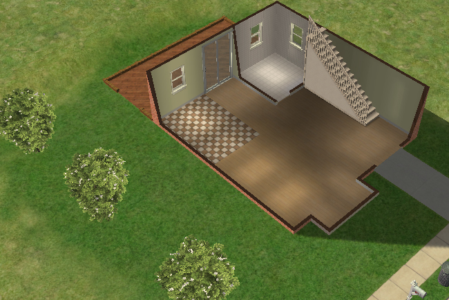 Cutaway ground floor view of 2 New Street showing an open split-level layout with staircase access, raised kitchen area, large rear windows, and spacious unfurnished living areas.