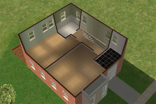 Cutaway upper floor view of 2 New Street featuring elevated walkways, split-level flooring, open bedroom spaces, and staircase access overlooking the lower level.