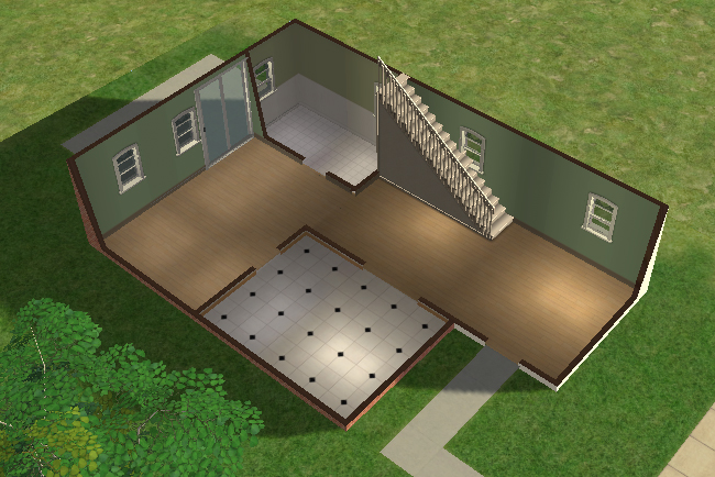 Cutaway ground floor view of 3 New Street showing split-level living spaces, staircase access, large rear windows, and open unfurnished rooms with multiple elevation changes.