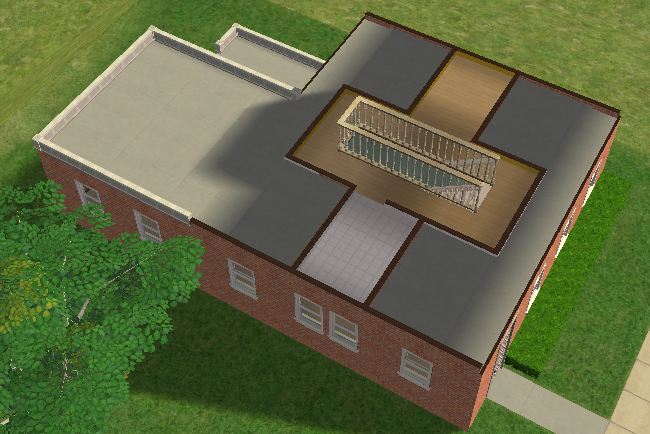 Cutaway second floor view showing two bedrooms, two bathrooms, a central landing, and surrounding roof space beneath the steep upper roofline.