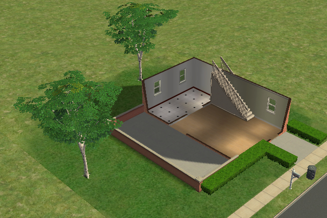 Cutaway ground floor view showing a split-level layout with staircase access, tiled kitchen section, open living spaces, and surrounding privacy hedges.