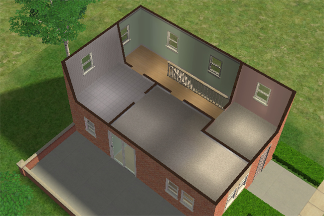Cutaway upper floor view featuring elevated rooms connected by a central landing with simple unfurnished spaces beneath angled rooflines.