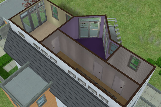 Third floor layout with a central hallway, three separate rooms, and an upper bedroom area that opens onto a balcony.