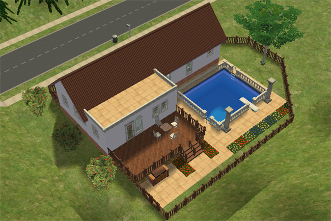A Sims 2 retirement villa with a fenced backyard, swimming pool, tiled patio, outdoor seating, grill area, and wraparound deck.