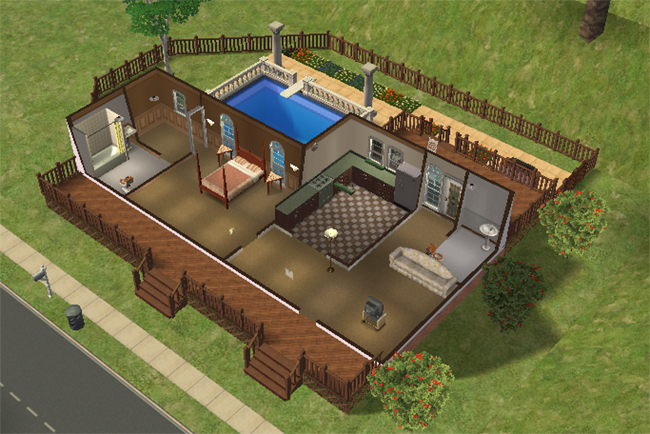 An overhead floor plan of a furnished Sims 2 retirement villa with one bedroom, two bathrooms, kitchen, living area, deck, pool, and outdoor patio.