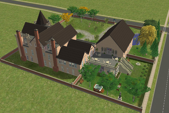 An angled rear view shows the large walled lot with gardens, patios, stairs, trees, a pond, outdoor seating, and the back of the hotel building.