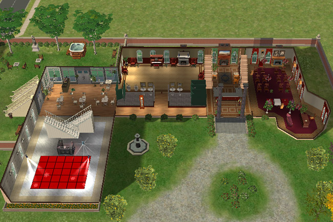 A cutaway view shows the main level with an event hall, restaurant space, ticketed entry features, lounge areas, stairs, and landscaped paths outside.