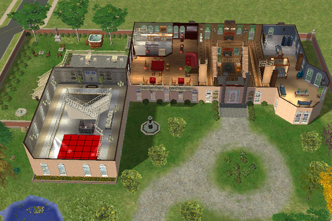 A cutaway view shows dining areas, kitchen space, stair access, lounge seating, bathrooms, a bedroom suite, and community areas across the building.