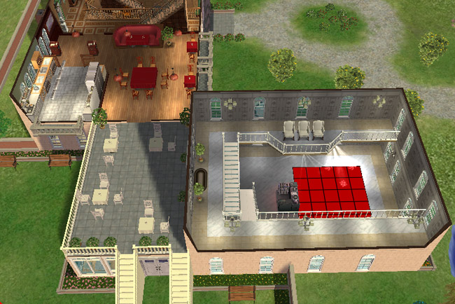 A cutaway view shows an event hall with a red floor, dining tables, restaurant seating, stairs, outdoor steps, and garden space beyond the building.