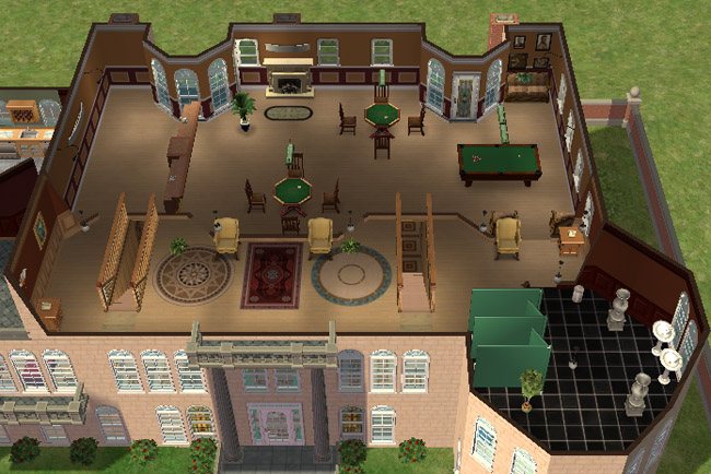 A furnished upper floor shows a lounge with card tables, a pool table, fireplace seating, changing screens, bathrooms, and decorative windows.