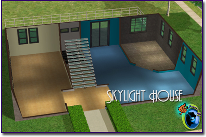 Cutaway ground floor view featuring a split-level modern layout with broad staircases, elevated living areas, large windows, and open unfurnished spaces.