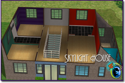 Cutaway upper floor view showing elevated rooms beneath oversized skylights, split-level flooring, staircase access, and bold modern interior wall colors.