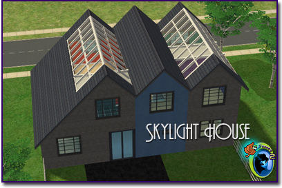 Cutaway upper floor view showing elevated rooms beneath oversized skylights, split-level flooring, staircase access, and bold modern interior wall colors.
