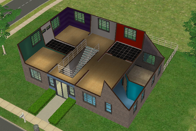 Rear angled exterior view of the Skylight House showing massive rooftop skylights, fenced backyard space, layered roof structures, and modern architectural styling.