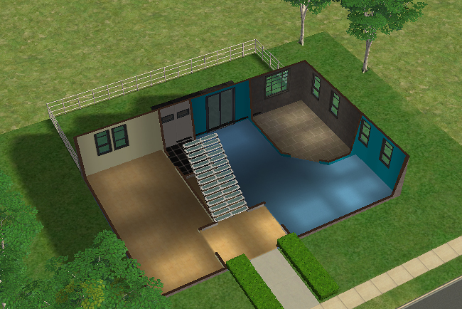 Cutaway upper floor view of the Skylight House featuring open modern rooms beneath oversized skylights, bold accent walls, central staircase access, and elevated platform-style room divisions.