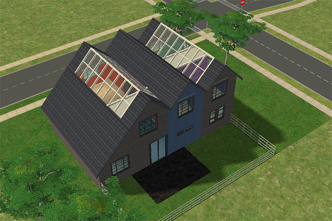 Cutaway ground floor view of the Skylight House showing broad open living spaces, central staircase access, large rear windows, and modern platform-style room layouts.