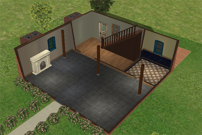 A cutaway view of the first floor shows a large tiled open space with a fireplace, staircase, kitchen area, bathroom space, support columns, and blue-trimmed windows.
