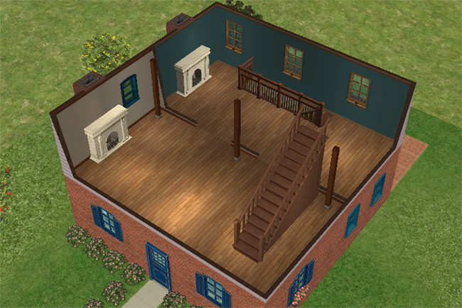 A cutaway view of the second floor shows a broad wood-floored space with fireplaces, support posts, stairs, large windows, and open room for future furnishing.