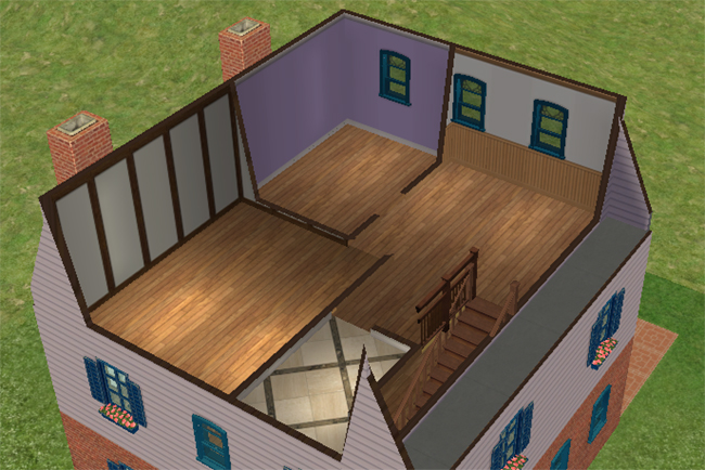 A cutaway view of the third floor shows open rooms beneath the roofline, wood flooring, blue-trimmed windows, stair access, and the tops of the brick chimneys.