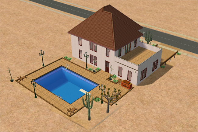 Back exterior view of Aridzona showing the large fenced swimming pool, patio seating, outdoor grill area, desert landscaping, attached garage, and second-floor balcony.