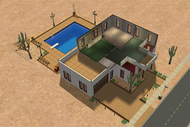 Cutaway second floor view of Aridzona showing two bedrooms, bathroom spaces, upper terrace access, green carpeting, and views over the backyard pool and desert landscaping.