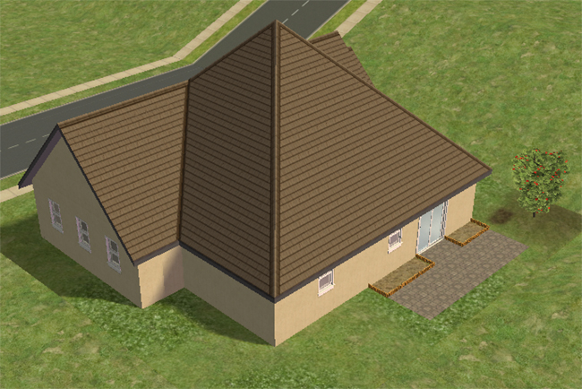 Rear exterior view of Barclay showing the large layered roofline, beige exterior walls, small back patio, sliding rear doors, and simple yard landscaping.