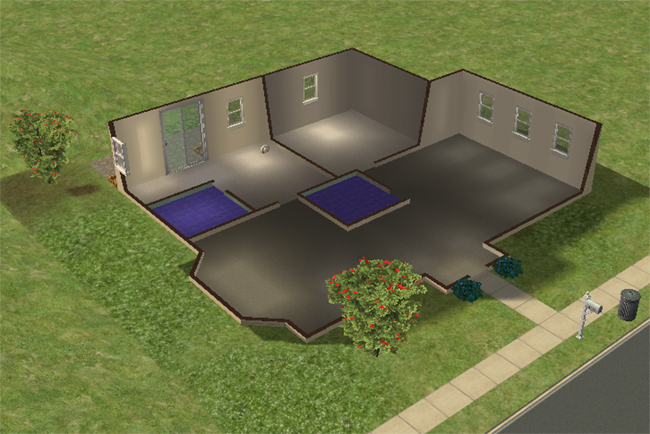 Interior cutaway view of Barclay showing a two-bedroom, two-bathroom layout with open living areas, sliding rear door access, and simple unfurnished rooms.