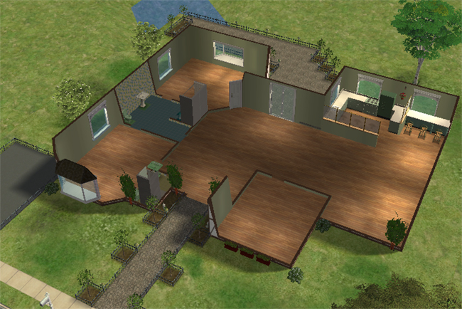 An overhead floor plan with three bedrooms, two bathrooms, a kitchen, open living space, basic furnishings, and a driveway beside the house.