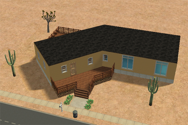 A yellow desert home with a black roof, wooden front deck, stairs, cactus landscaping, pale windows, and sandy terrain.