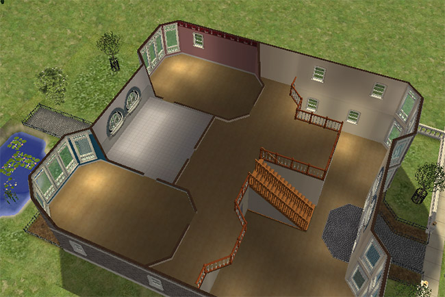 An overhead second floor view with open rooms, bay windows, arched windows, a central stair landing, an unfurnished bathroom space, and rooms ready for bedrooms.