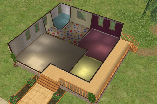 An overhead floor plan of an unfurnished two-bedroom home with two bathrooms, open living space, porch access, activity space, and room for future driveway extensions.