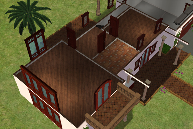 Cutaway second floor view showing two bedrooms, bathroom space, interior landing, balcony access, and warm wood flooring throughout the upper level.