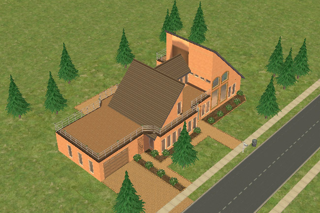 The angled front view shows the garage, layered roof sections, raised terraces, and landscaped paths wrapping around the home’s broad modern shape.