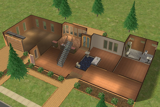 The first floor opens into broad wood-floored rooms with tall windows, a garage connection, staircase, bathroom, bedroom space, and basic furnishings.