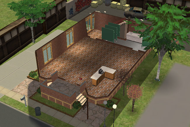 A cutaway view of the first floor shows an open tiled business space with counters, dressing rooms, a bathroom area, and large front windows.
