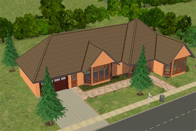 An angled view of a Sims 2 ranch house with a low sprawling roofline, attached garage, orange siding, large windows, pine trees, and front landscaping.